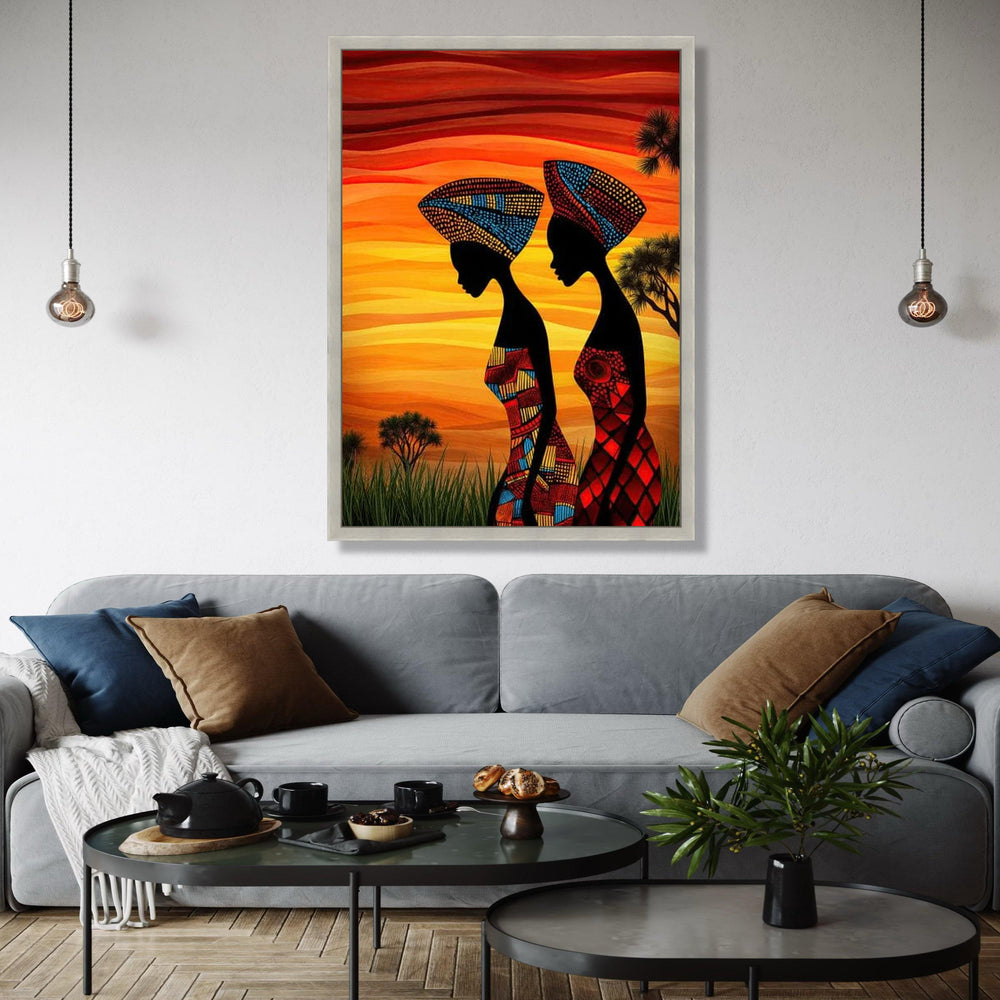 African Women Silhouette Canvas, Vibrant Tribal Headwrap Wall Art, Colorful Ethnic Canvas, Sunset Landscape Gift Art, Home Decor, Print