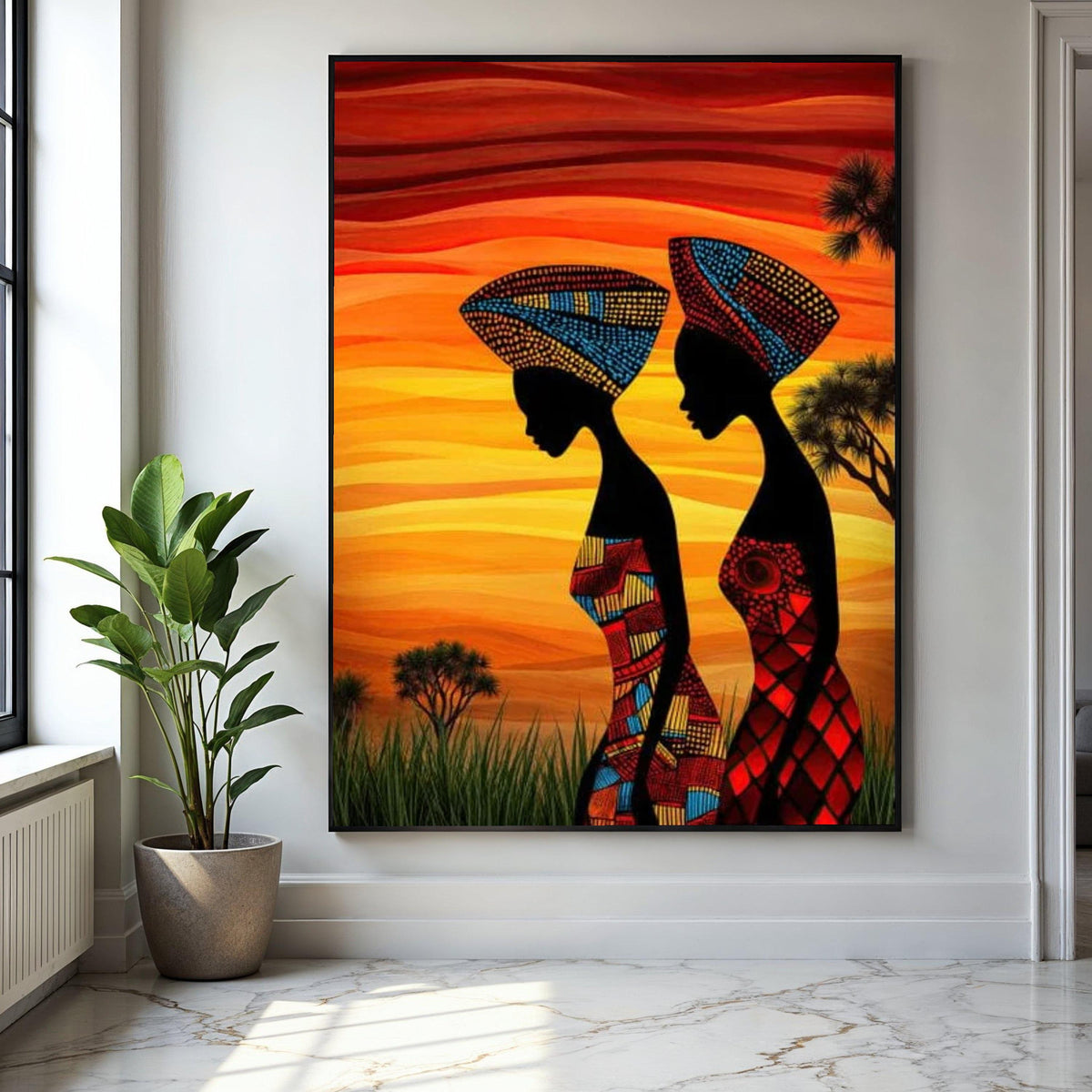African Women Silhouette Canvas, Vibrant Tribal Headwrap Wall Art, Colorful Ethnic Canvas, Sunset Landscape Gift Art, Home Decor, Print