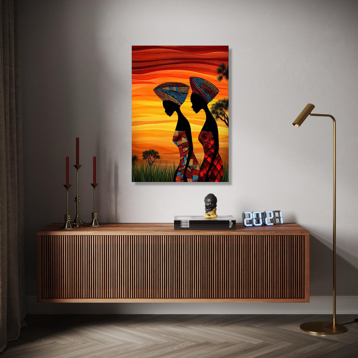 African Women Silhouette Canvas, Vibrant Tribal Headwrap Wall Art, Colorful Ethnic Canvas, Sunset Landscape Gift Art, Home Decor, Print