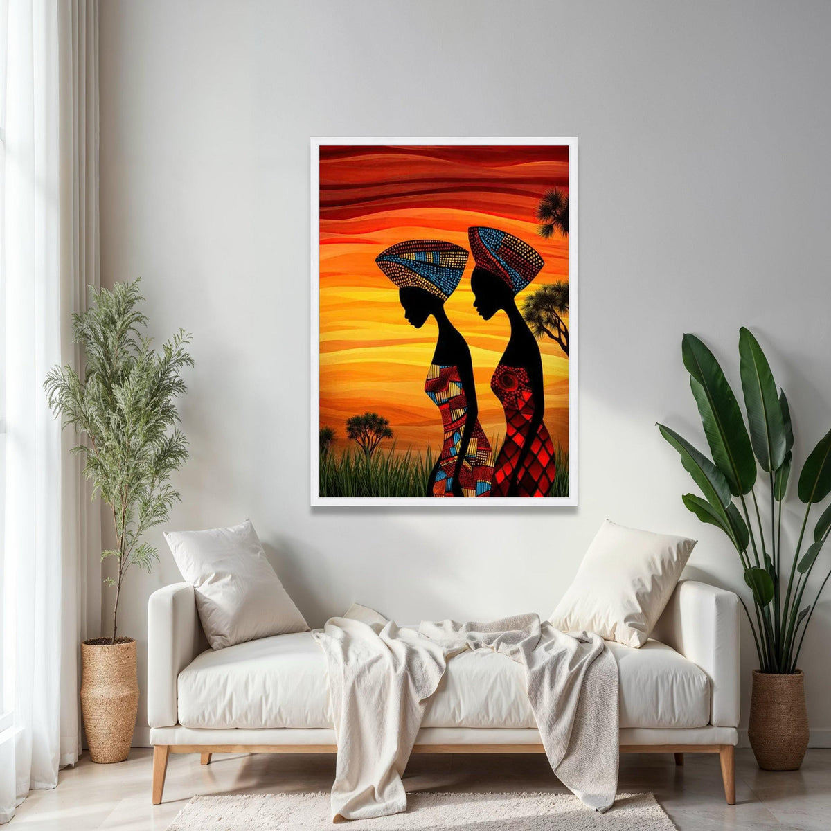 African Women Silhouette Canvas, Vibrant Tribal Headwrap Wall Art, Colorful Ethnic Canvas, Sunset Landscape Gift Art, Home Decor, Print