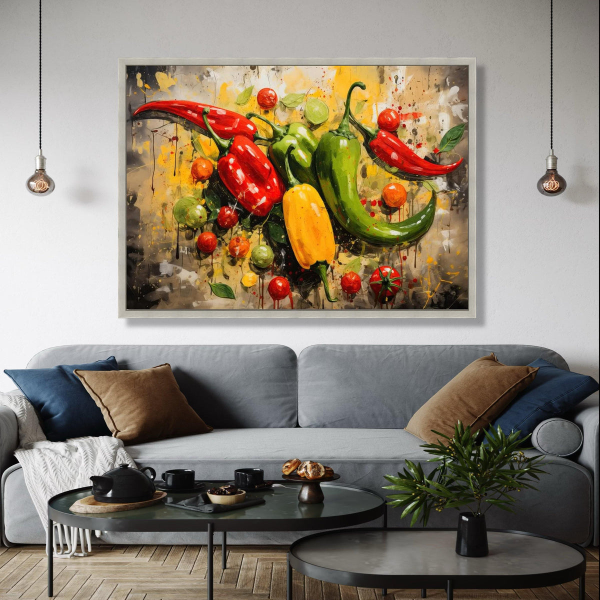 Colorful Chili Peppers and Tomatoes Canvas Wall Art, Vibrant Kitchen Decor, Spicy Food Illustration, Abstract Gift Art, Home Decor, Print