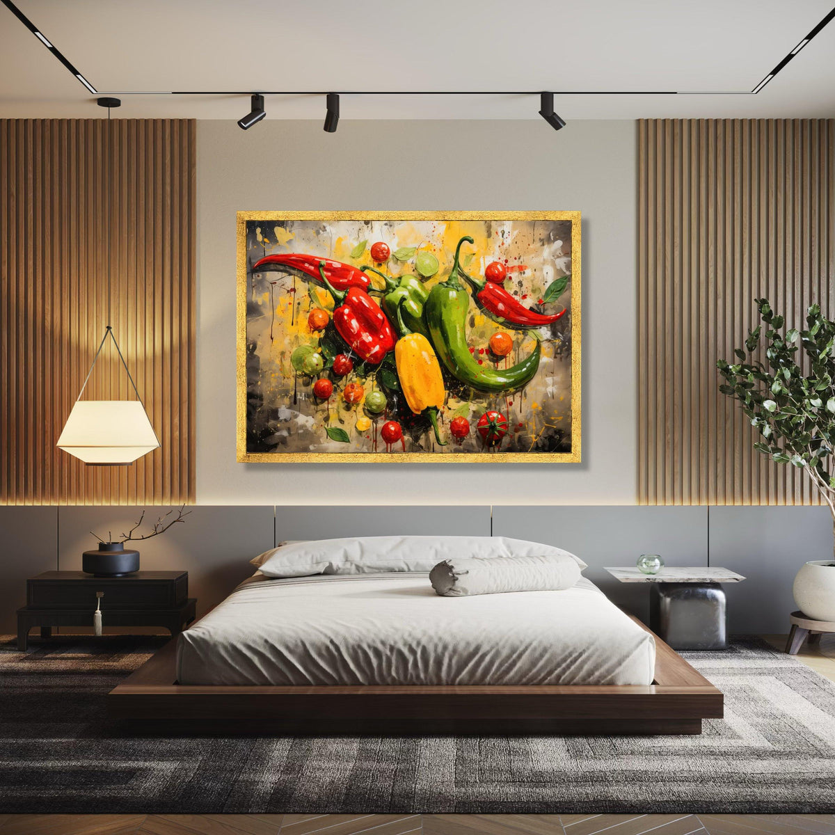 Colorful Chili Peppers and Tomatoes Canvas Wall Art, Vibrant Kitchen Decor, Spicy Food Illustration, Abstract Gift Art, Home Decor, Print