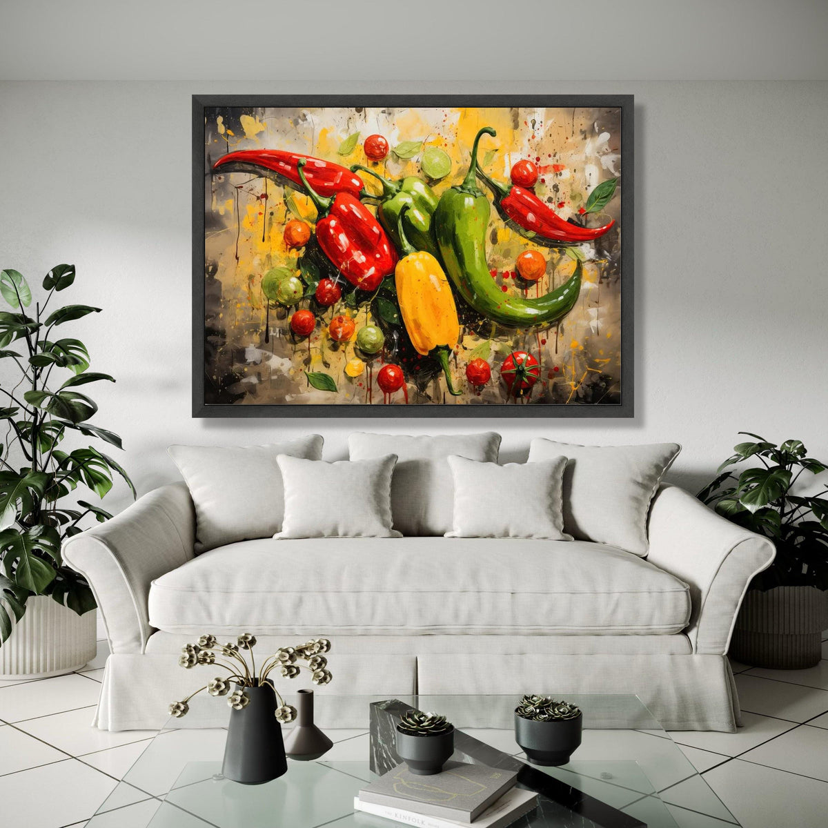 Colorful Chili Peppers and Tomatoes Canvas Wall Art, Vibrant Kitchen Decor, Spicy Food Illustration, Abstract Gift Art, Home Decor, Print