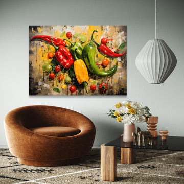 Colorful Chili Peppers and Tomatoes Canvas Wall Art, Vibrant Kitchen Decor, Spicy Food Illustration, Abstract Gift Art, Home Decor, Print