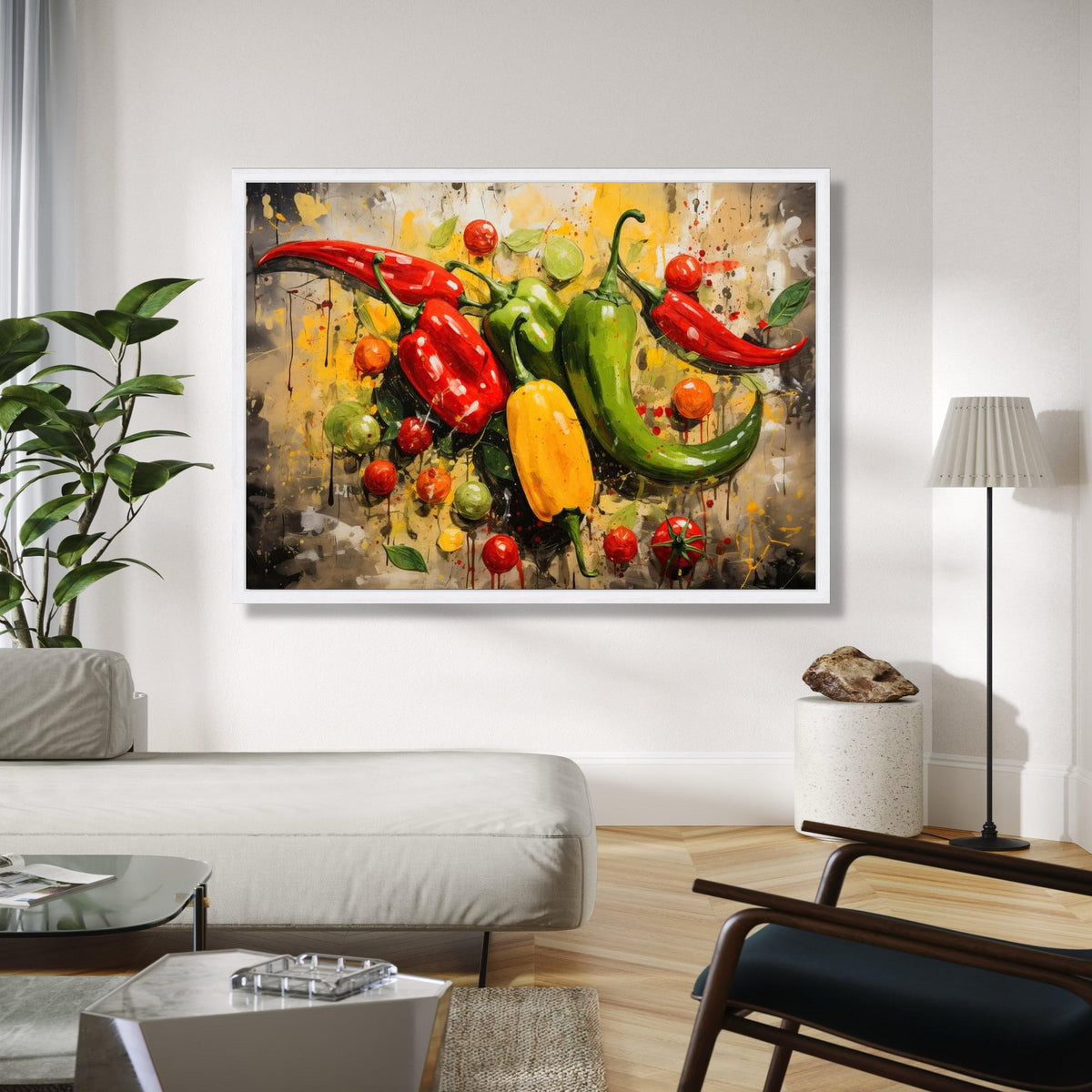 Colorful Chili Peppers and Tomatoes Canvas Wall Art, Vibrant Kitchen Decor, Spicy Food Illustration, Abstract Gift Art, Home Decor, Print