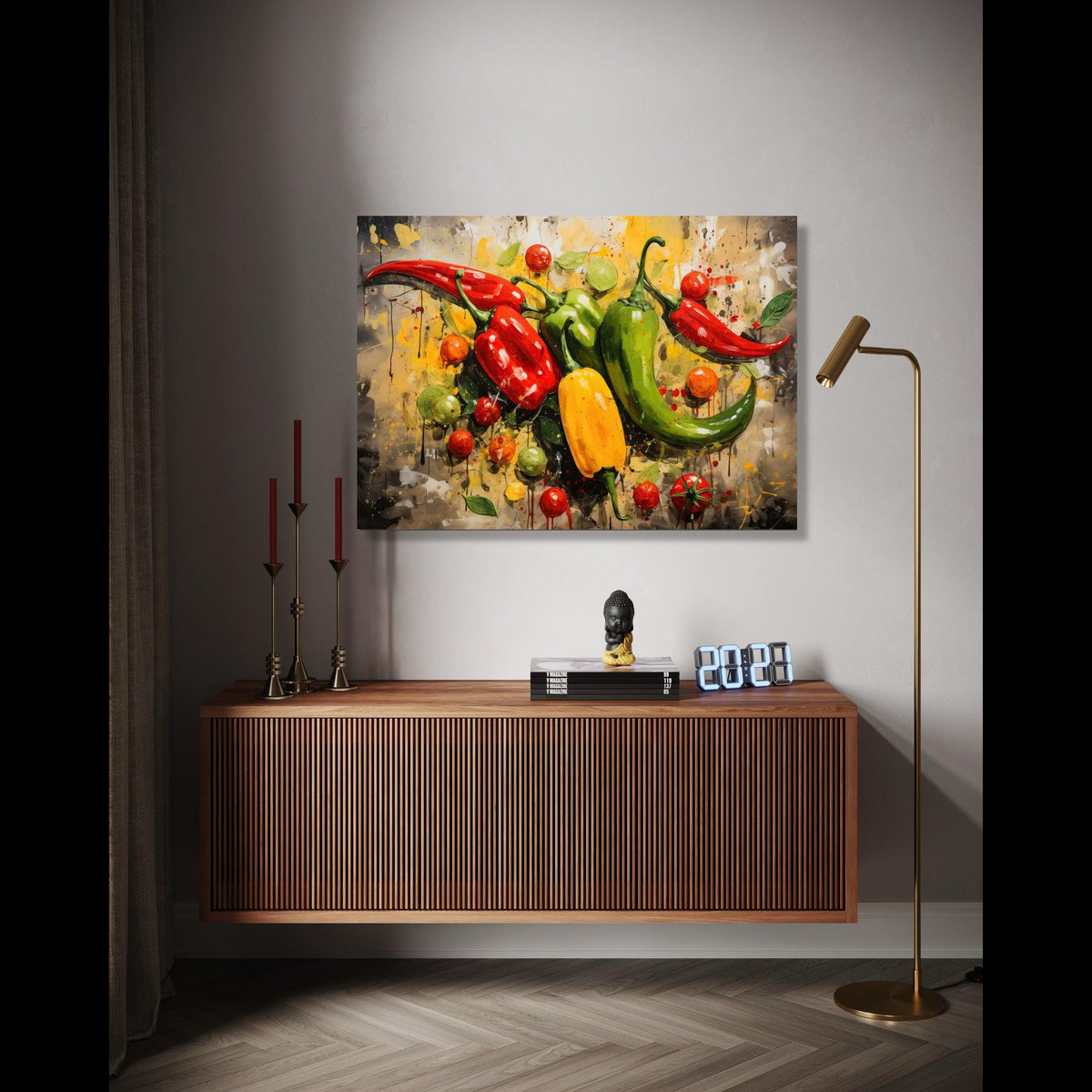 Colorful Chili Peppers and Tomatoes Canvas Wall Art, Vibrant Kitchen Decor, Spicy Food Illustration, Abstract Gift Art, Home Decor, Print