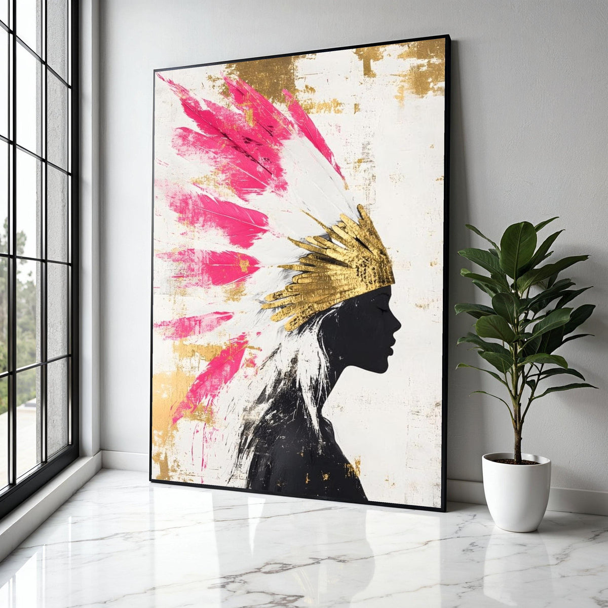 Modern Abstract Portrait Canvas, Pink Feather Headdress Wall Art, Gold Accents Canvas, Silhouette Woman Decor, Gift Art, Home Decor, Print