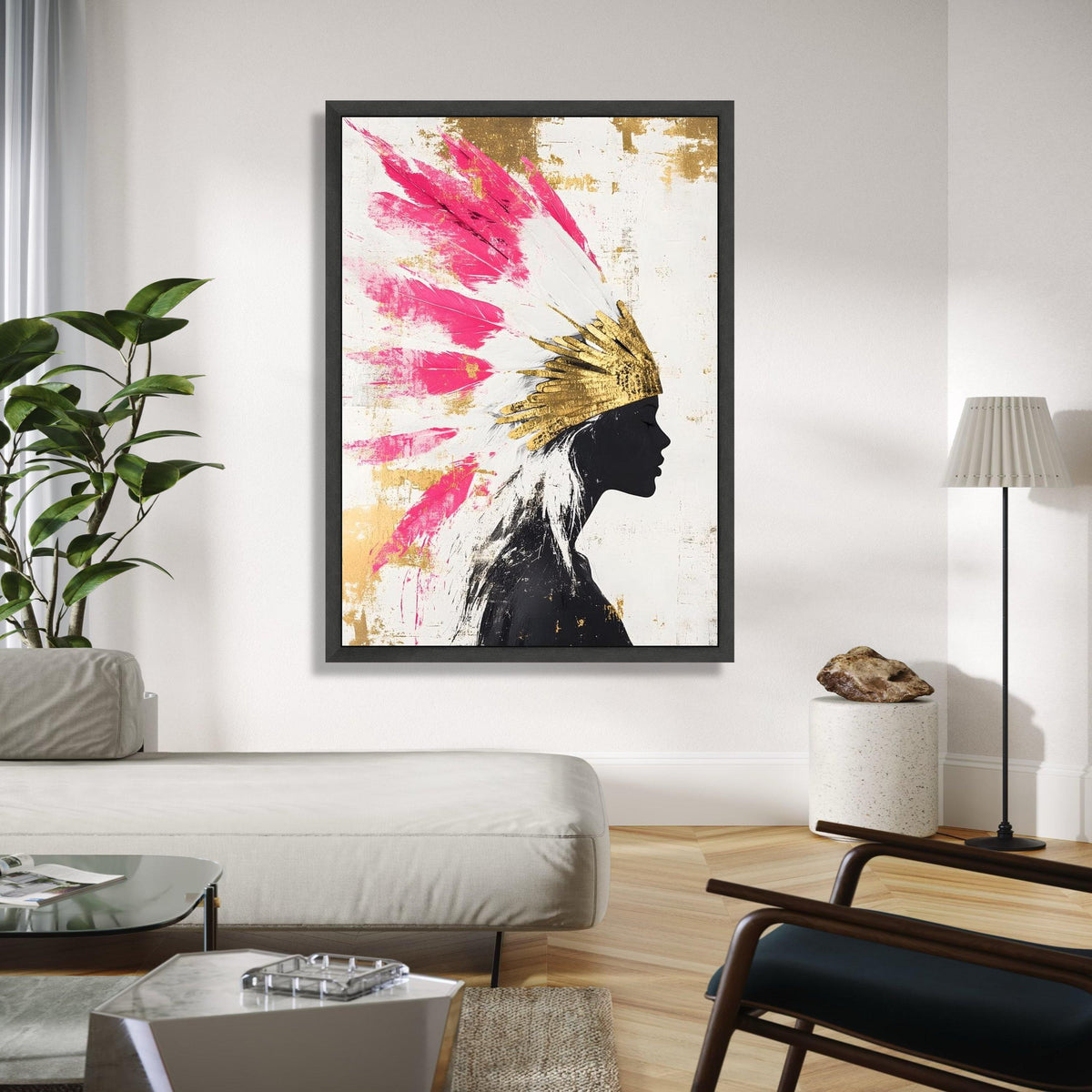 Modern Abstract Portrait Canvas, Pink Feather Headdress Wall Art, Gold Accents Canvas, Silhouette Woman Decor, Gift Art, Home Decor, Print