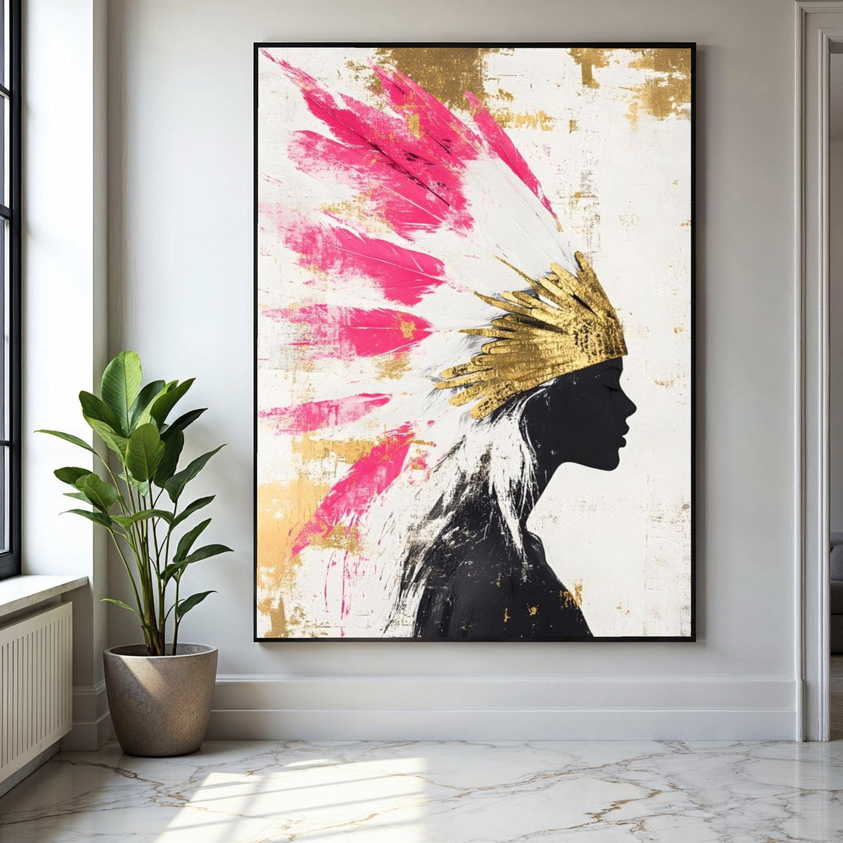 Modern Abstract Portrait Canvas, Pink Feather Headdress Wall Art, Gold Accents Canvas, Silhouette Woman Decor, Gift Art, Home Decor, Print