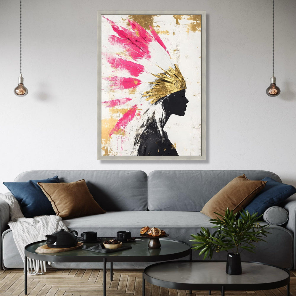 Modern Abstract Portrait Canvas, Pink Feather Headdress Wall Art, Gold Accents Canvas, Silhouette Woman Decor, Gift Art, Home Decor, Print
