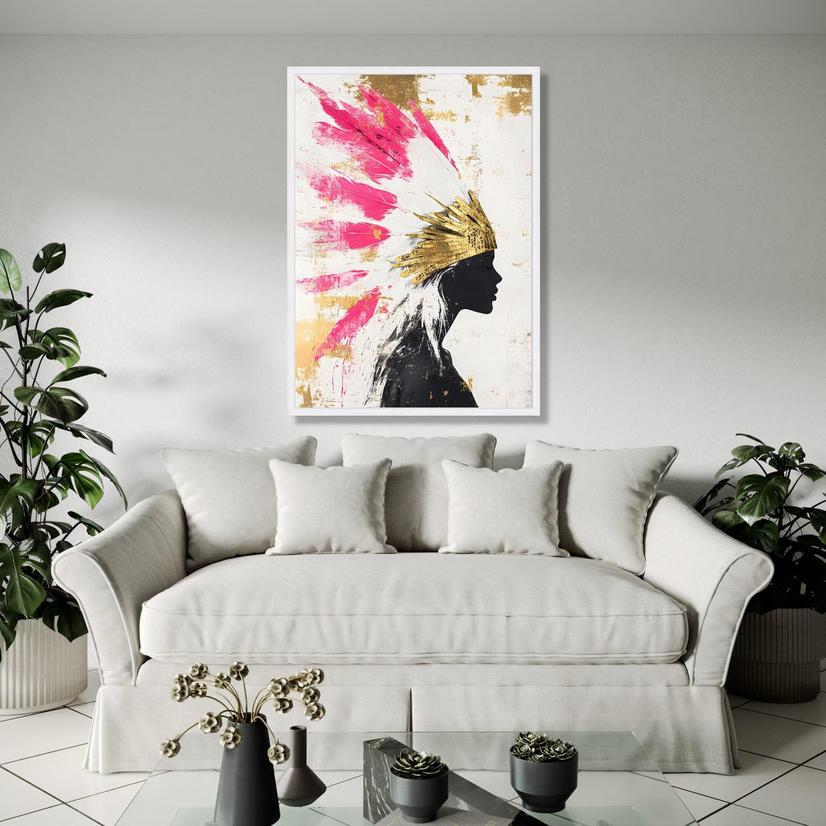 Modern Abstract Portrait Canvas, Pink Feather Headdress Wall Art, Gold Accents Canvas, Silhouette Woman Decor, Gift Art, Home Decor, Print