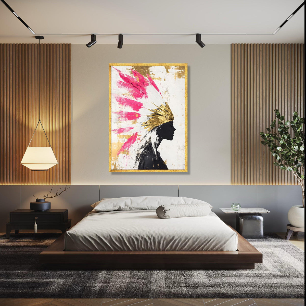 Modern Abstract Portrait Canvas, Pink Feather Headdress Wall Art, Gold Accents Canvas, Silhouette Woman Decor, Gift Art, Home Decor, Print