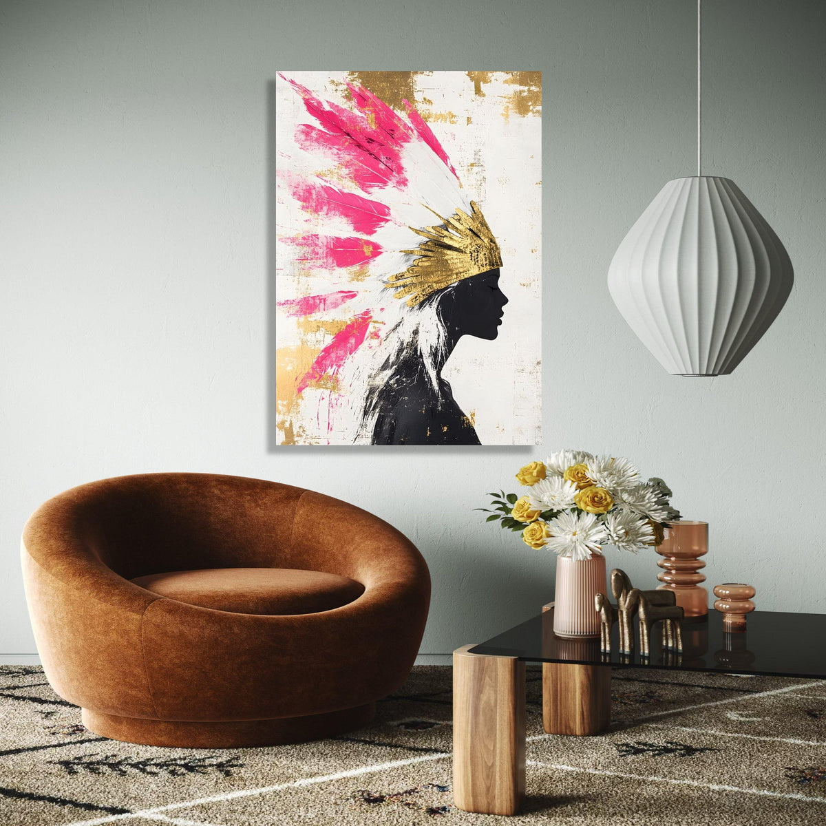 Modern Abstract Portrait Canvas, Pink Feather Headdress Wall Art, Gold Accents Canvas, Silhouette Woman Decor, Gift Art, Home Decor, Print
