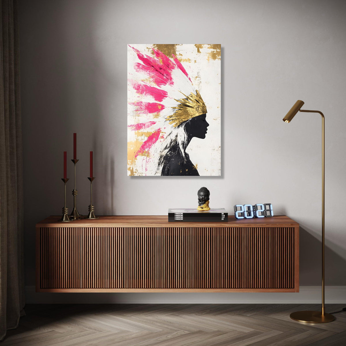 Modern Abstract Portrait Canvas, Pink Feather Headdress Wall Art, Gold Accents Canvas, Silhouette Woman Decor, Gift Art, Home Decor, Print