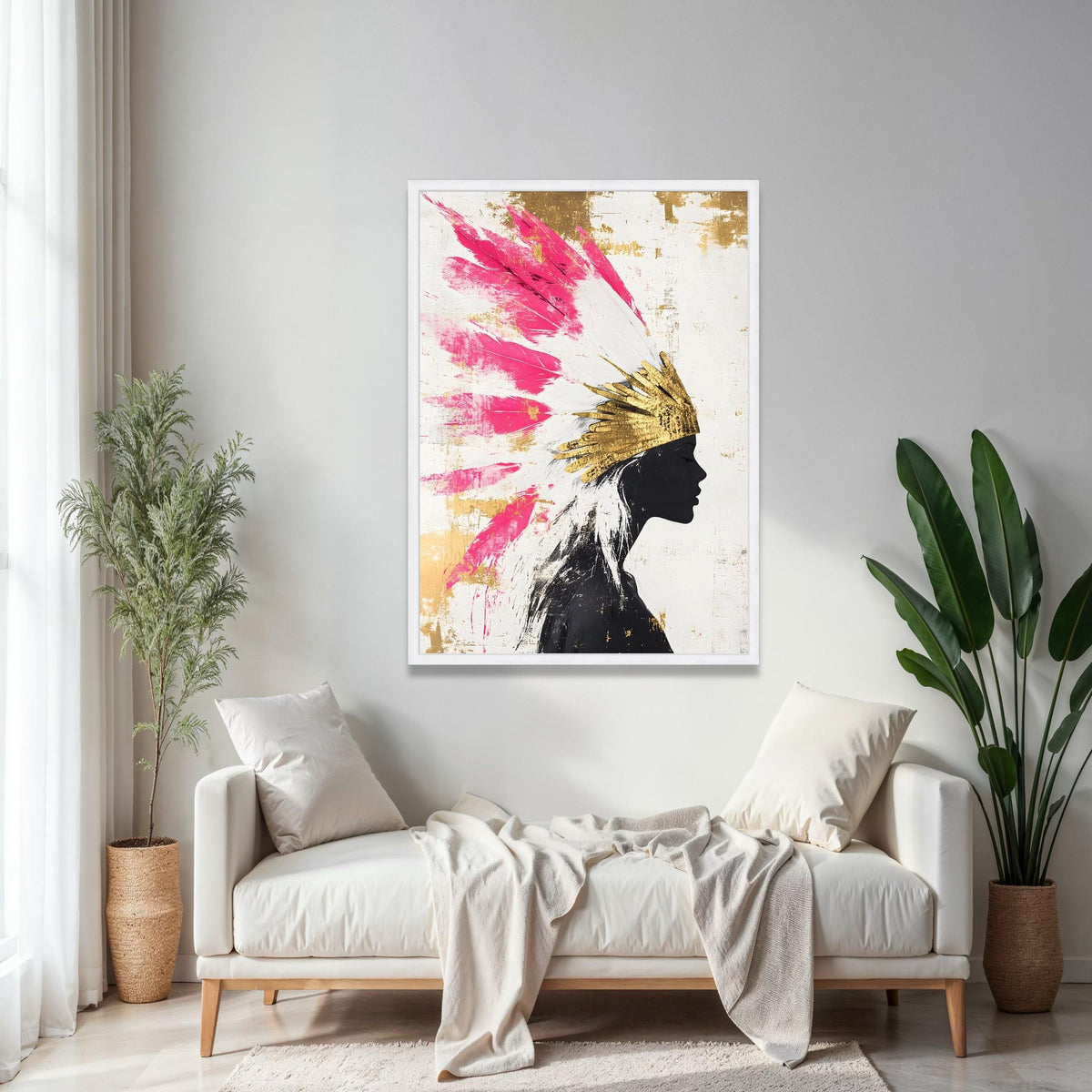 Modern Abstract Portrait Canvas, Pink Feather Headdress Wall Art, Gold Accents Canvas, Silhouette Woman Decor, Gift Art, Home Decor, Print