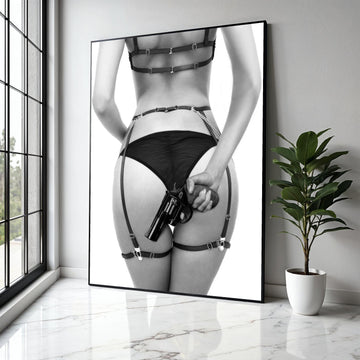 Bold Noir Art, Woman in Lingerie with Revolver Canvas, Erotic Wall Art, Black and White Photography, Edgy Home Gift Art, Home Decor, Print