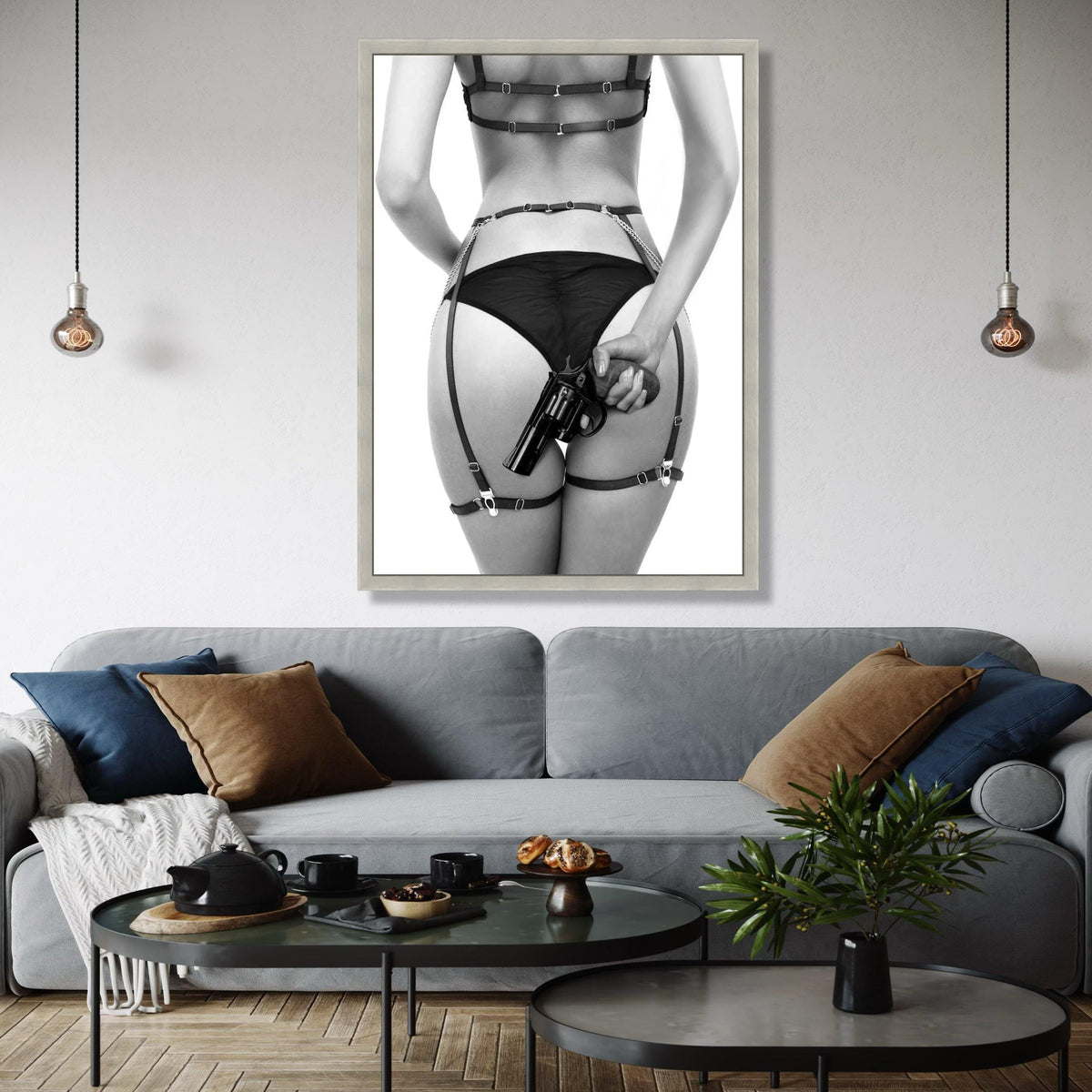 Bold Noir Art, Woman in Lingerie with Revolver Canvas, Erotic Wall Art, Black and White Photography, Edgy Home Gift Art, Home Decor, Print