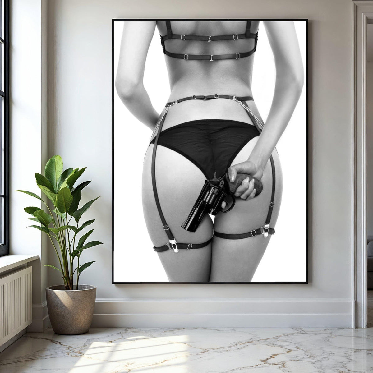Bold Noir Art, Woman in Lingerie with Revolver Canvas, Erotic Wall Art, Black and White Photography, Edgy Home Gift Art, Home Decor, Print