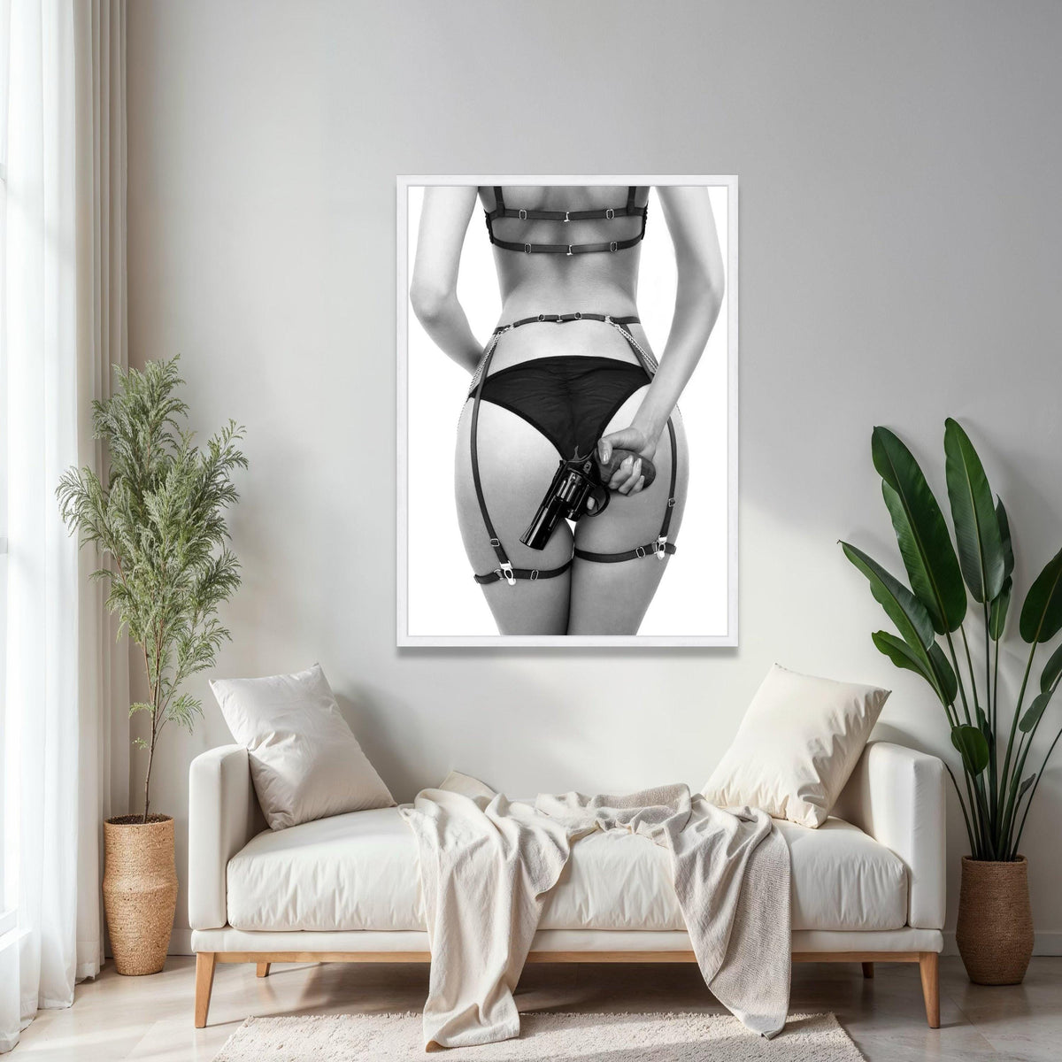 Bold Noir Art, Woman in Lingerie with Revolver Canvas, Erotic Wall Art, Black and White Photography, Edgy Home Gift Art, Home Decor, Print