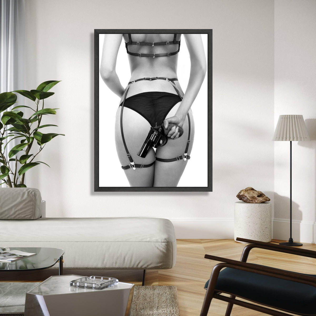 Bold Noir Art, Woman in Lingerie with Revolver Canvas, Erotic Wall Art, Black and White Photography, Edgy Home Gift Art, Home Decor, Print