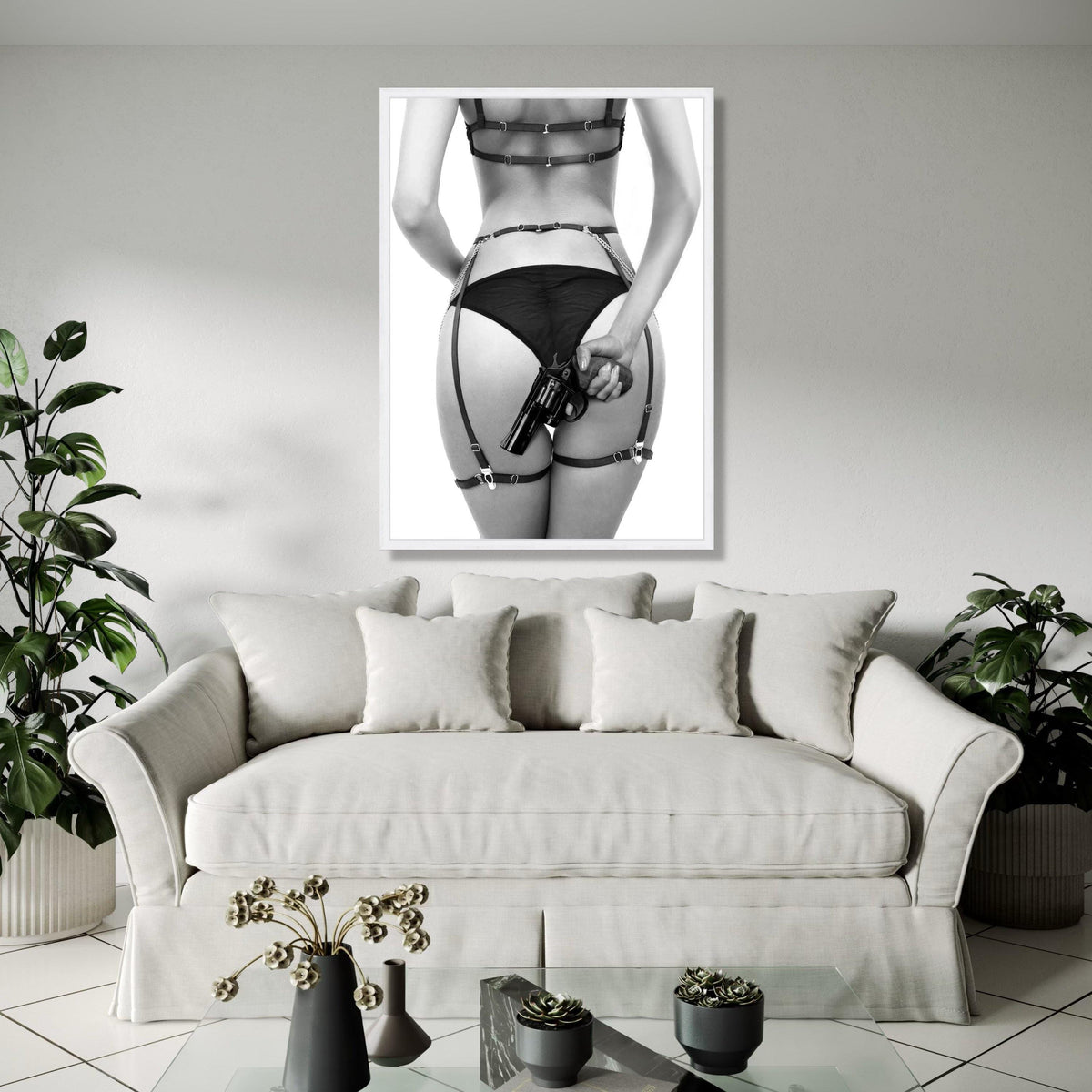 Bold Noir Art, Woman in Lingerie with Revolver Canvas, Erotic Wall Art, Black and White Photography, Edgy Home Gift Art, Home Decor, Print