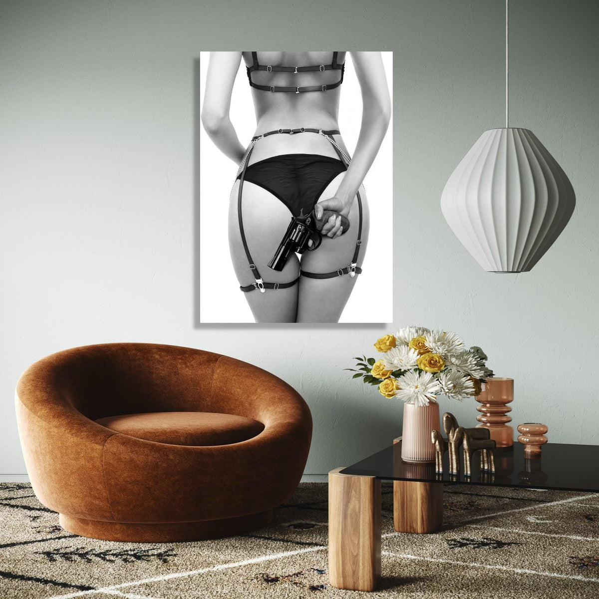 Bold Noir Art, Woman in Lingerie with Revolver Canvas, Erotic Wall Art, Black and White Photography, Edgy Home Gift Art, Home Decor, Print