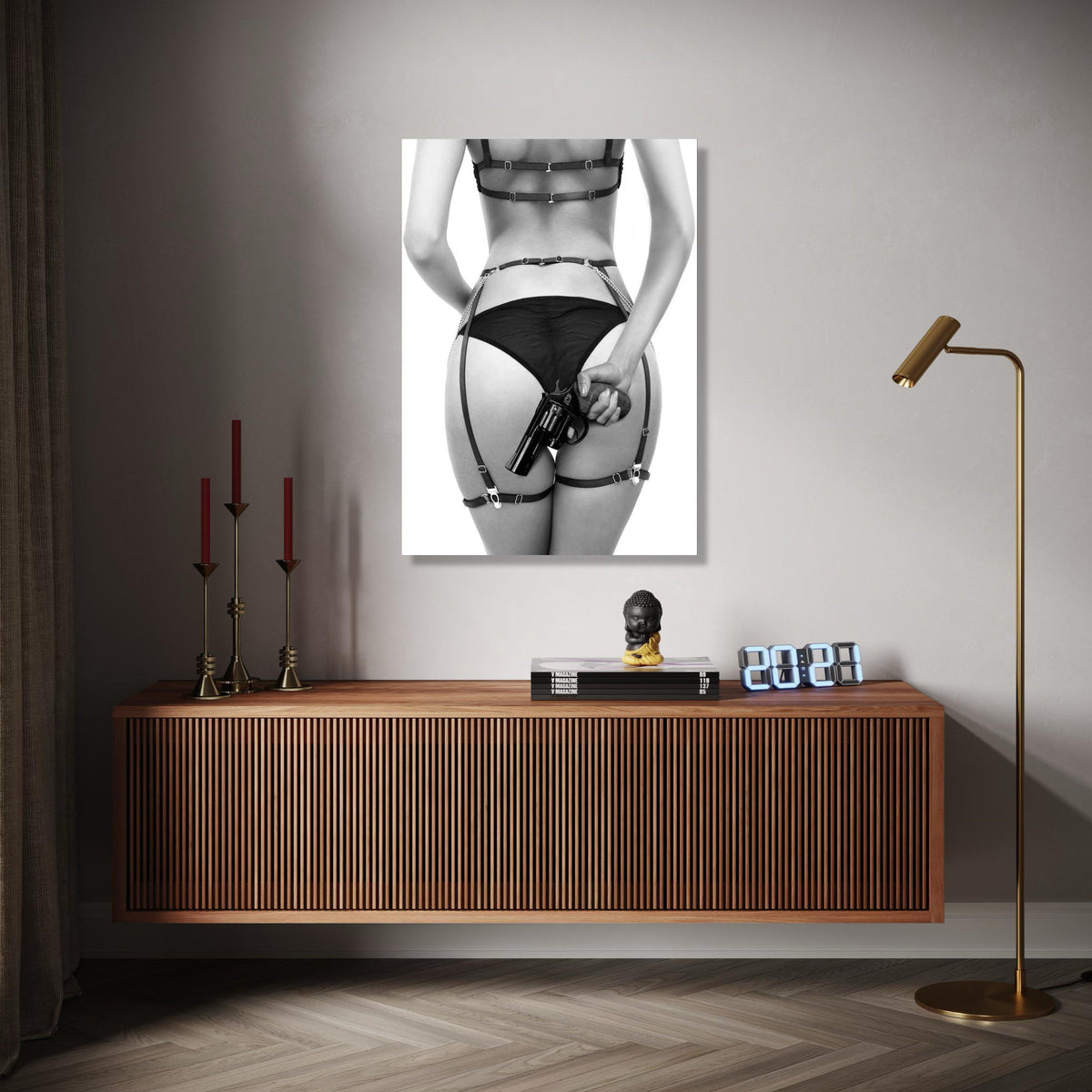 Bold Noir Art, Woman in Lingerie with Revolver Canvas, Erotic Wall Art, Black and White Photography, Edgy Home Gift Art, Home Decor, Print
