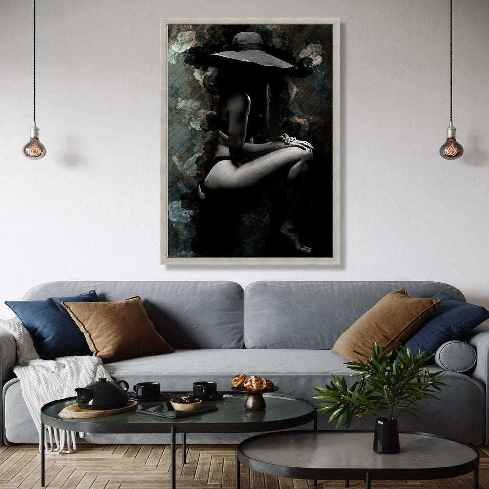 Elegant Female Silhouette Canvas, Artistic Nude Wall Art, Black and White Woman with Hat, Modern Sexy Home Gift Art, Home Decor, Print