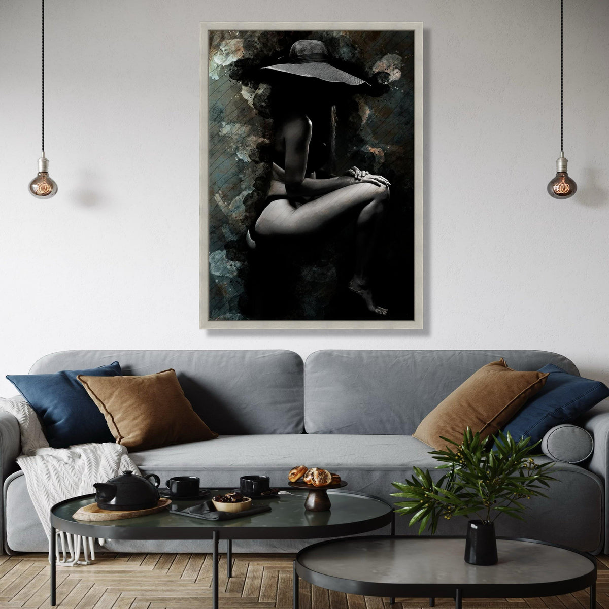 Elegant Female Silhouette Canvas, Artistic Nude Wall Art, Black and White Woman with Hat, Modern Sexy Home Gift Art, Home Decor, Print