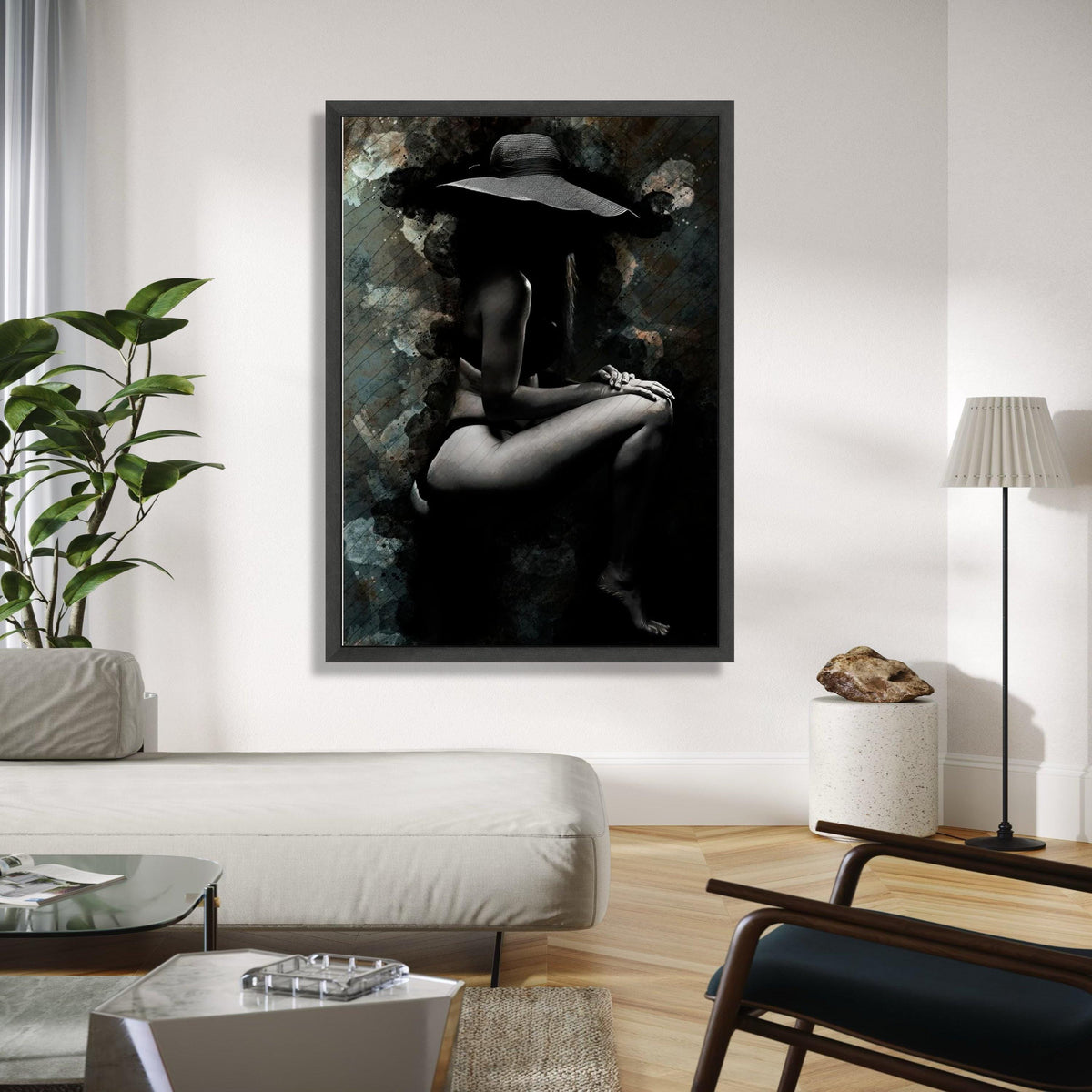 Elegant Female Silhouette Canvas, Artistic Nude Wall Art, Black and White Woman with Hat, Modern Sexy Home Gift Art, Home Decor, Print