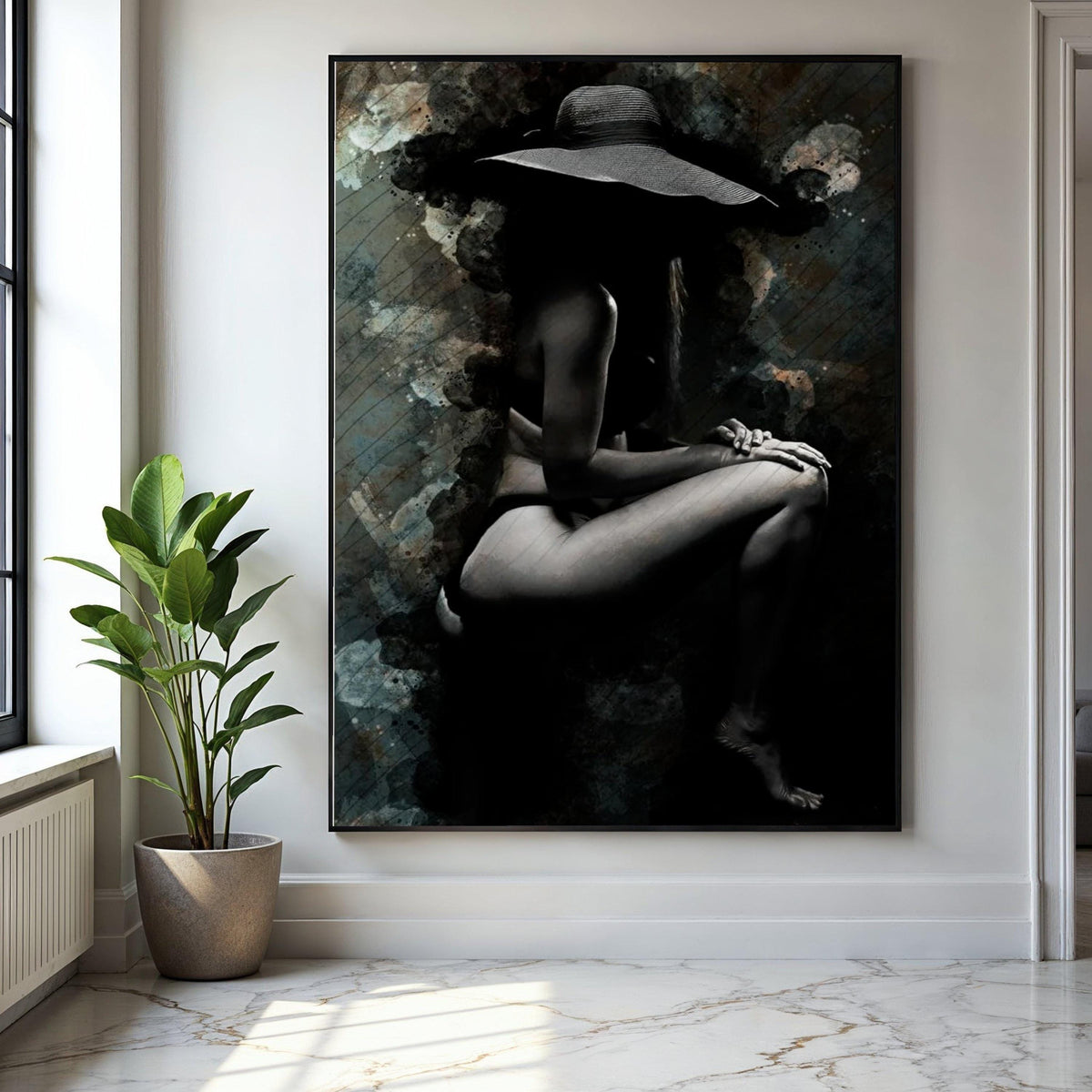 Elegant Female Silhouette Canvas, Artistic Nude Wall Art, Black and White Woman with Hat, Modern Sexy Home Gift Art, Home Decor, Print