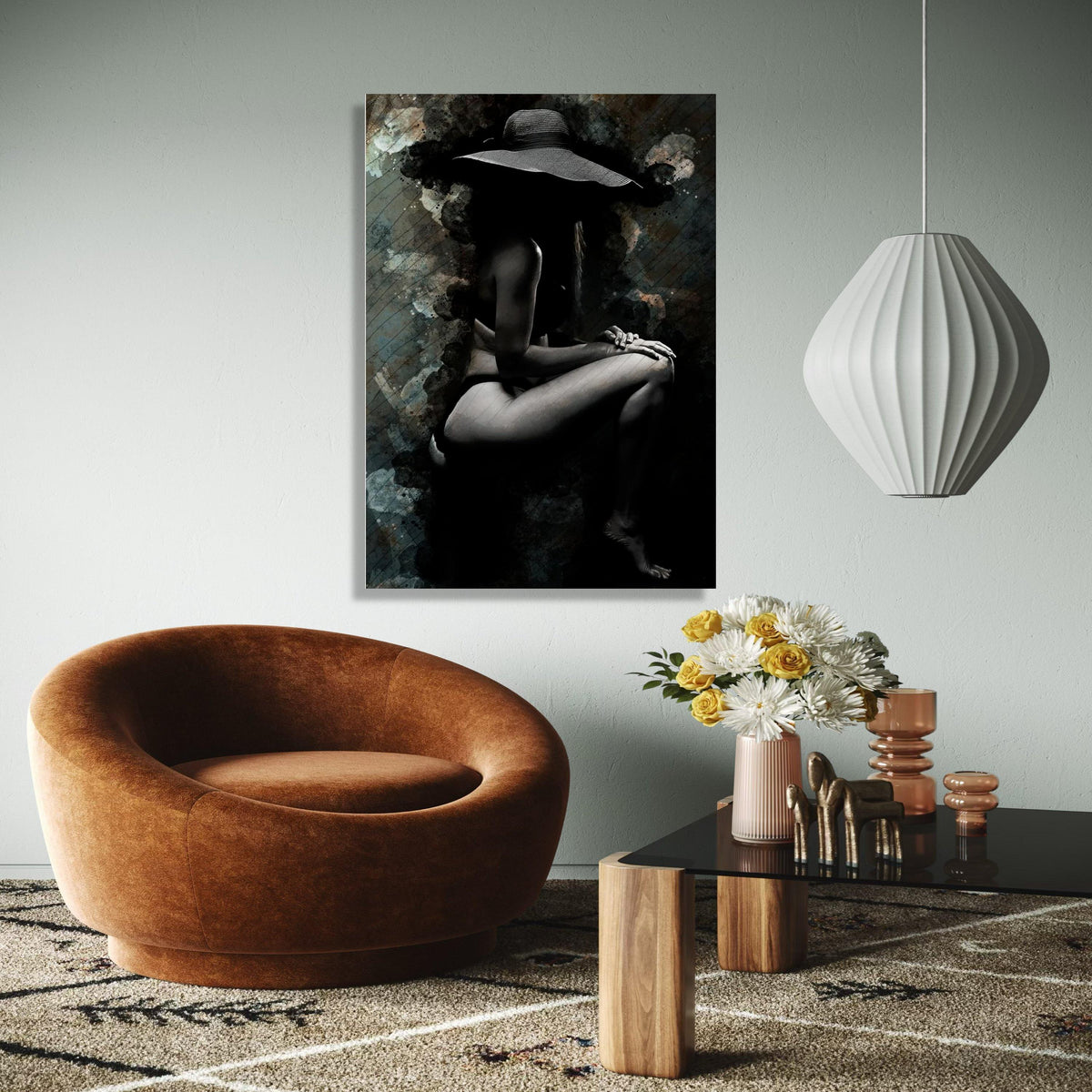Elegant Female Silhouette Canvas, Artistic Nude Wall Art, Black and White Woman with Hat, Modern Sexy Home Gift Art, Home Decor, Print