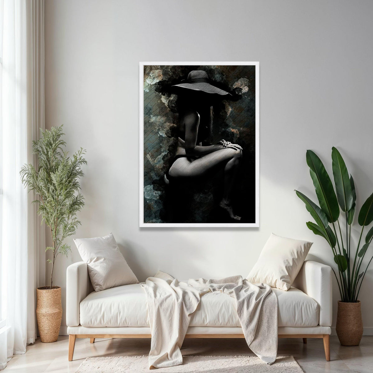 Elegant Female Silhouette Canvas, Artistic Nude Wall Art, Black and White Woman with Hat, Modern Sexy Home Gift Art, Home Decor, Print