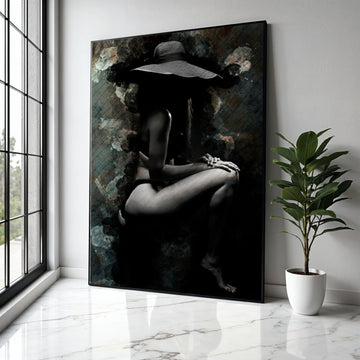 Elegant Female Silhouette Canvas, Artistic Nude Wall Art, Black and White Woman with Hat, Modern Sexy Home Gift Art, Home Decor, Print