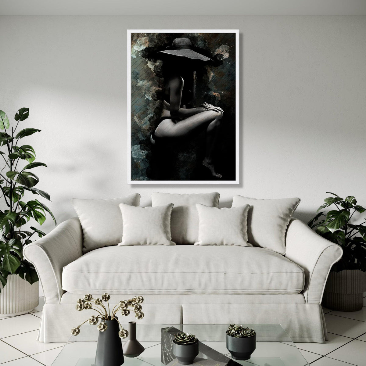 Elegant Female Silhouette Canvas, Artistic Nude Wall Art, Black and White Woman with Hat, Modern Sexy Home Gift Art, Home Decor, Print
