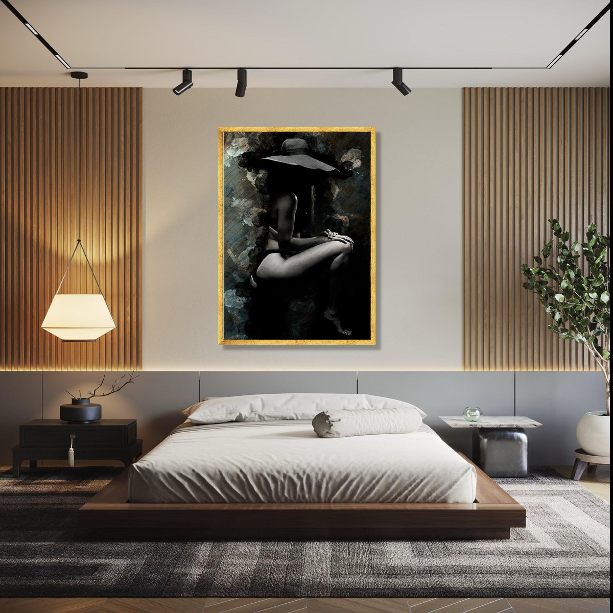 Elegant Female Silhouette Canvas, Artistic Nude Wall Art, Black and White Woman with Hat, Modern Sexy Home Gift Art, Home Decor, Print