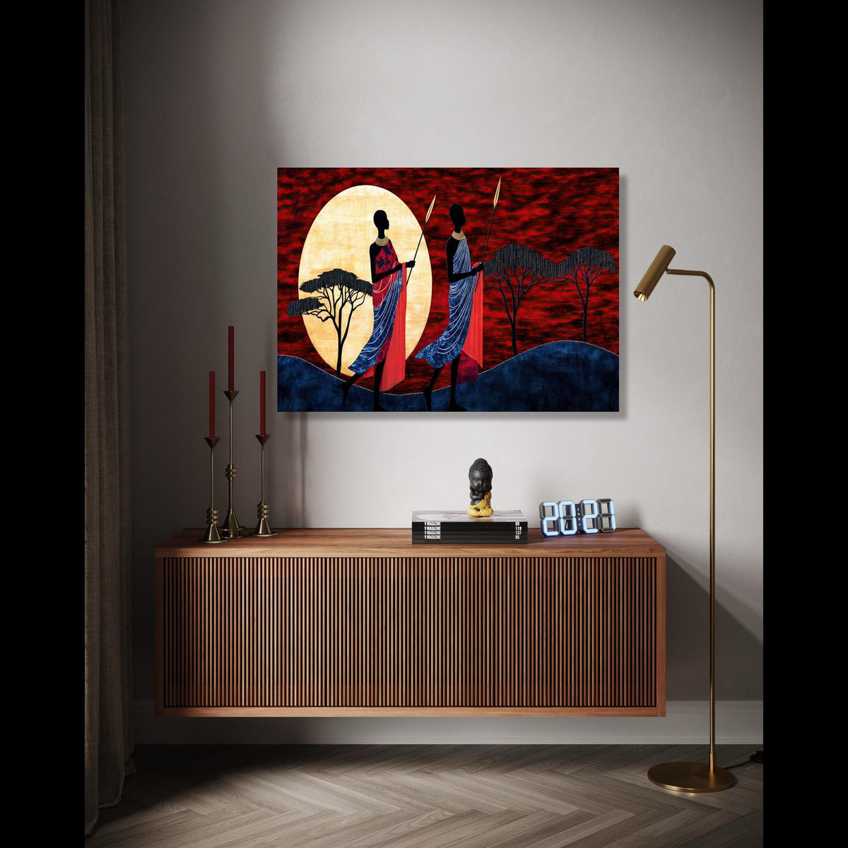 African Sunset Silhouette Canvas, Maasai Warriors Art, Tribal Wall Decor, Red Sky Landscape, Ethnic Home Gift Art, Home Decor, Print