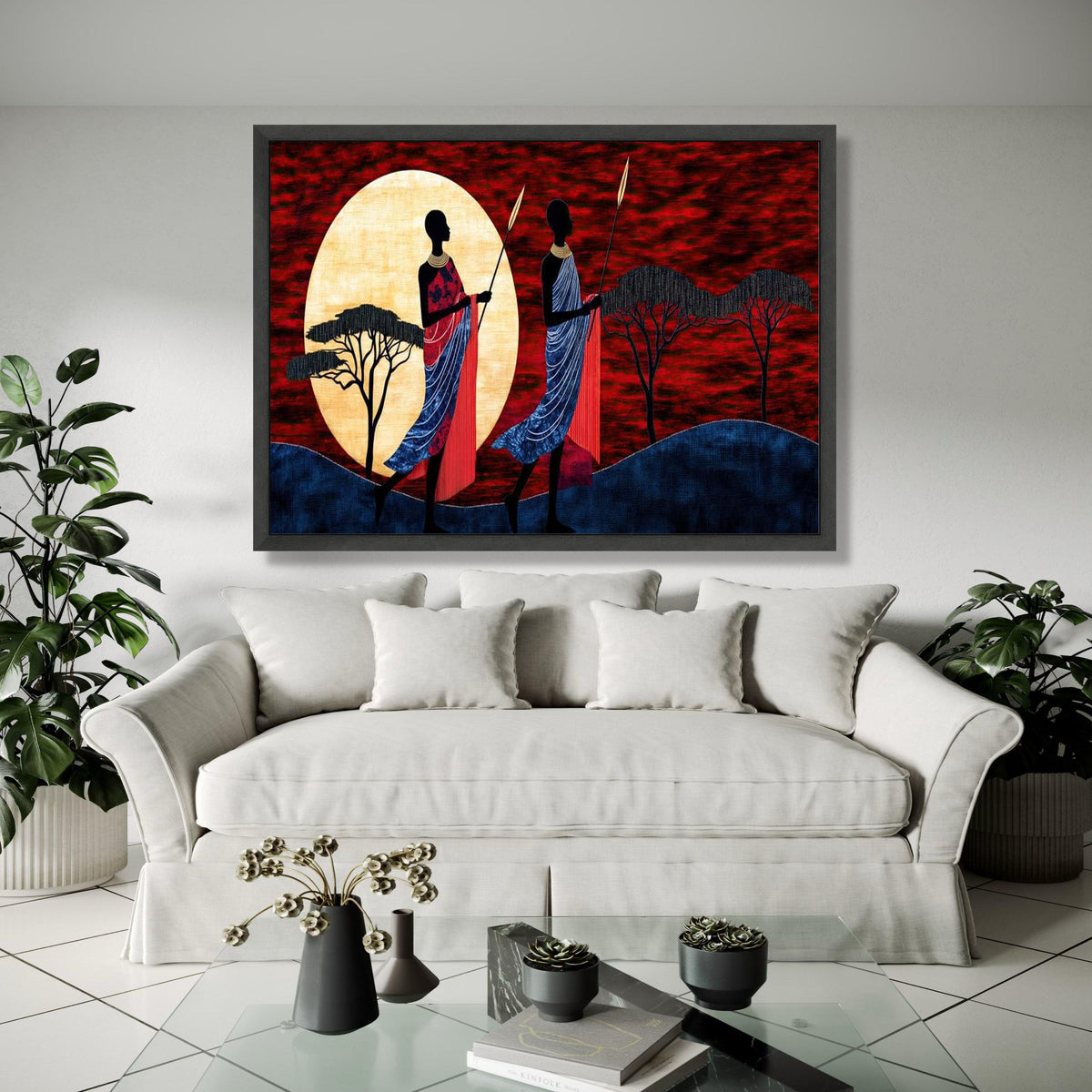 African Sunset Silhouette Canvas, Maasai Warriors Art, Tribal Wall Decor, Red Sky Landscape, Ethnic Home Gift Art, Home Decor, Print