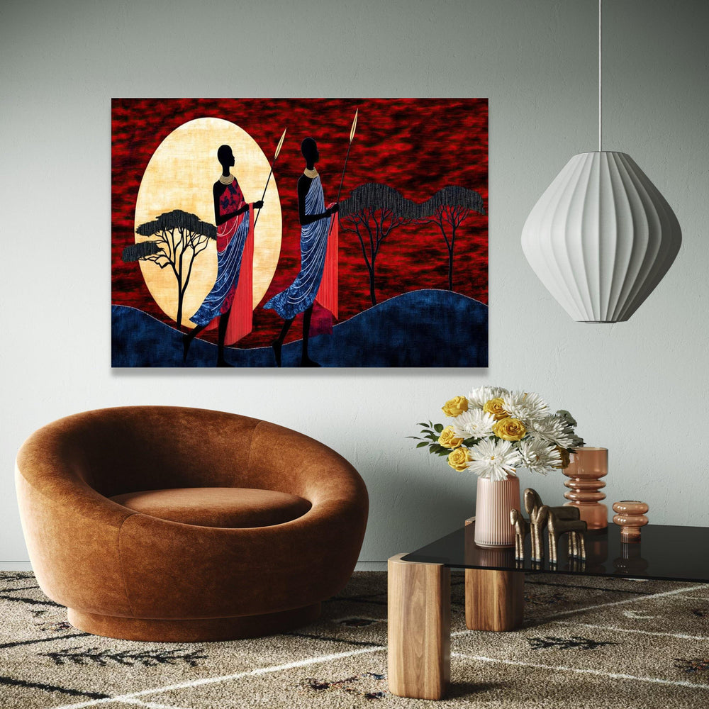 African Sunset Silhouette Canvas, Maasai Warriors Art, Tribal Wall Decor, Red Sky Landscape, Ethnic Home Gift Art, Home Decor, Print