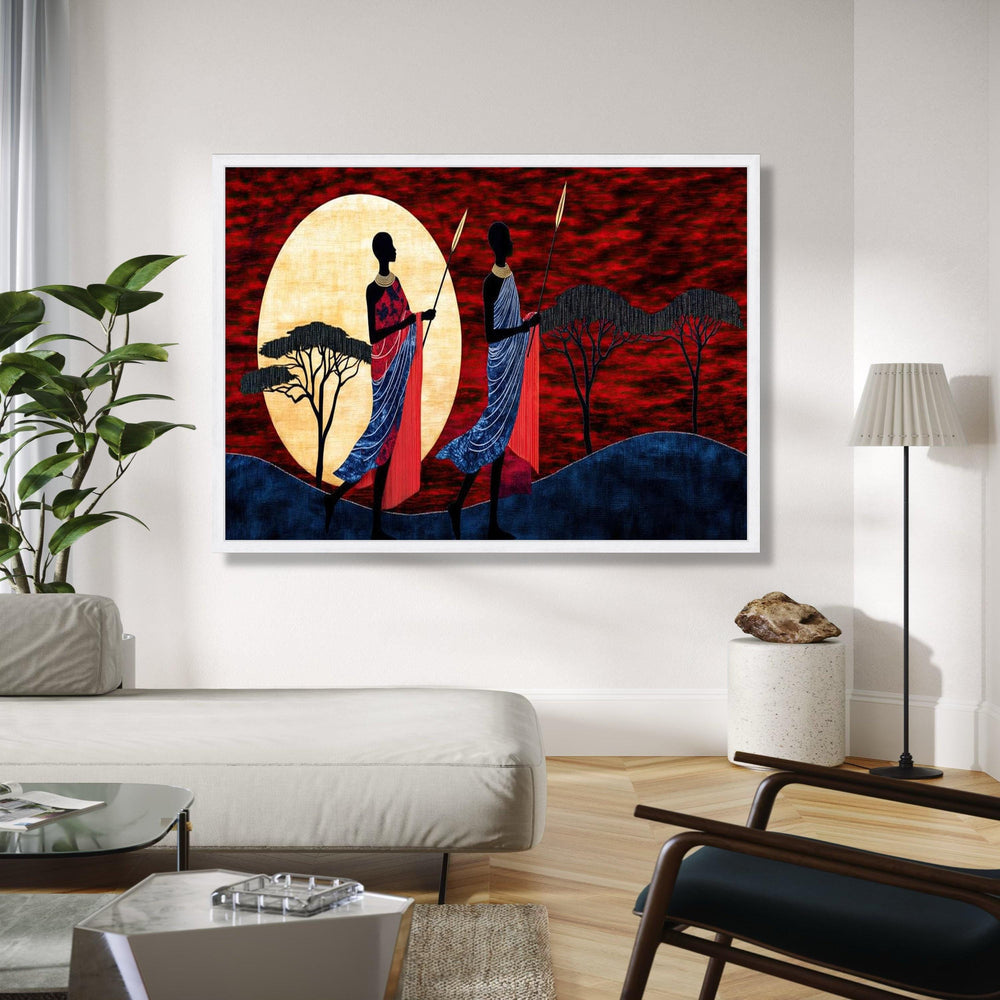 African Sunset Silhouette Canvas, Maasai Warriors Art, Tribal Wall Decor, Red Sky Landscape, Ethnic Home Gift Art, Home Decor, Print