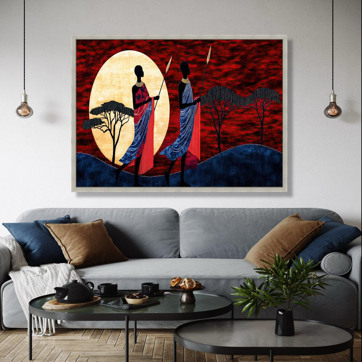 African Sunset Silhouette Canvas, Maasai Warriors Art, Tribal Wall Decor, Red Sky Landscape, Ethnic Home Gift Art, Home Decor, Print