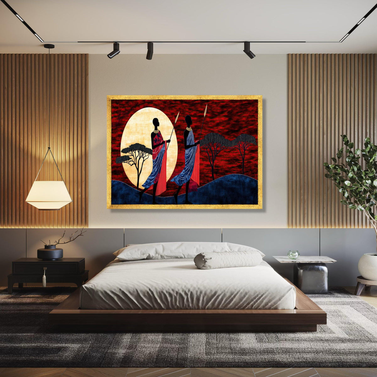 African Sunset Silhouette Canvas, Maasai Warriors Art, Tribal Wall Decor, Red Sky Landscape, Ethnic Home Gift Art, Home Decor, Print