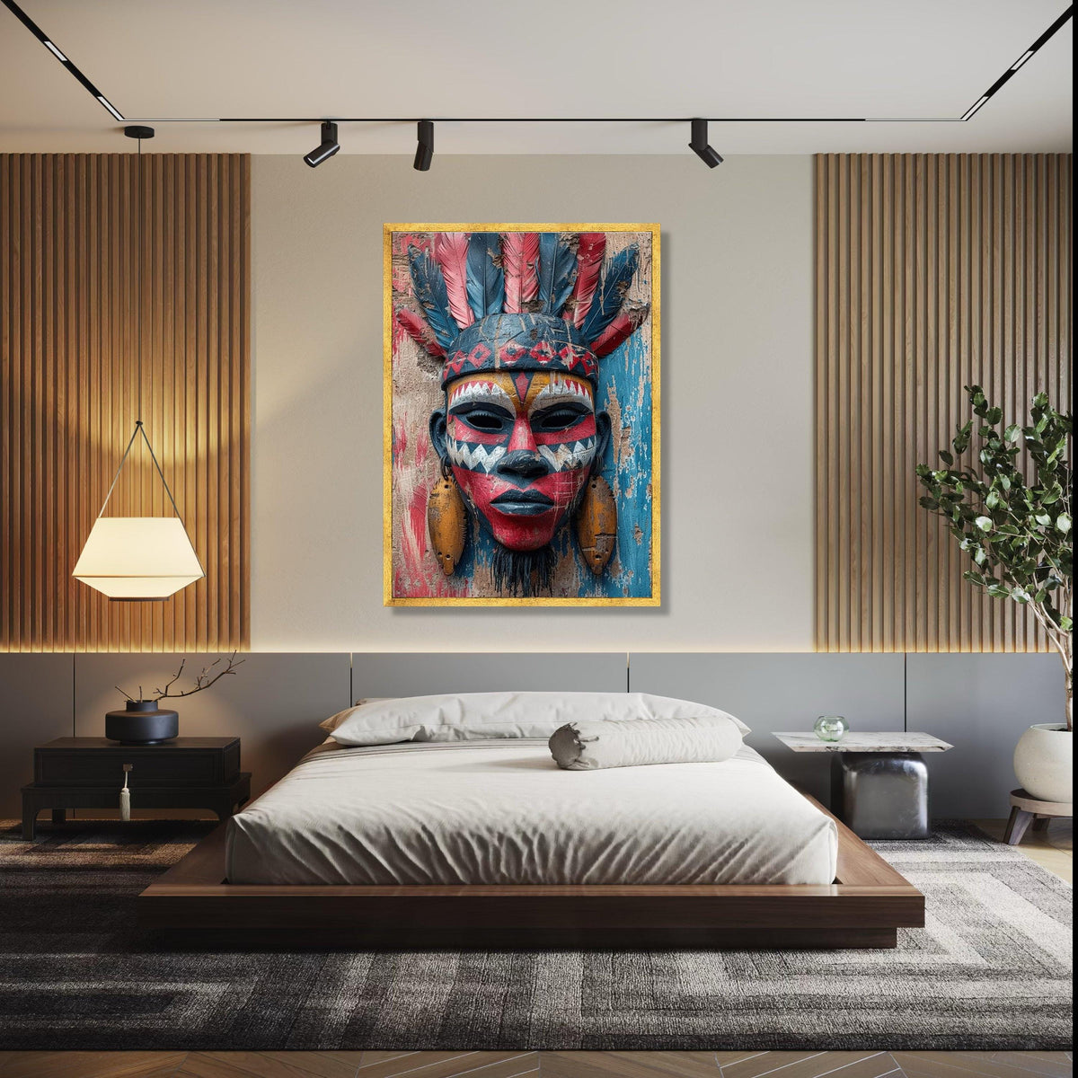Tribal Face Mask Canvas Wall Art, African Ethnic Decor, Colorful Feather Headpiece, Cultural Canvas Art, Rustic Gift Art, Home Decor, Print