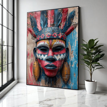 Tribal Face Mask Canvas Wall Art, African Ethnic Decor, Colorful Feather Headpiece, Cultural Canvas Art, Rustic Gift Art, Home Decor, Print