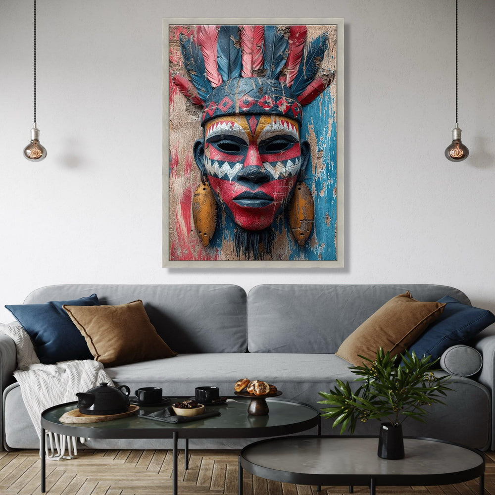 Tribal Face Mask Canvas Wall Art, African Ethnic Decor, Colorful Feather Headpiece, Cultural Canvas Art, Rustic Gift Art, Home Decor, Print