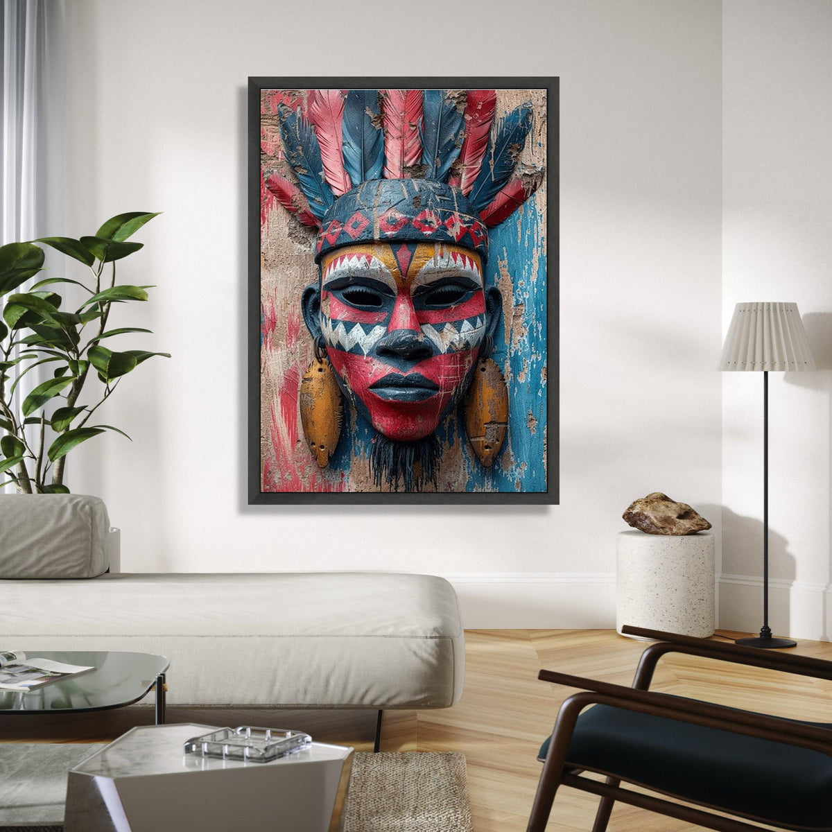 Tribal Face Mask Canvas Wall Art, African Ethnic Decor, Colorful Feather Headpiece, Cultural Canvas Art, Rustic Gift Art, Home Decor, Print