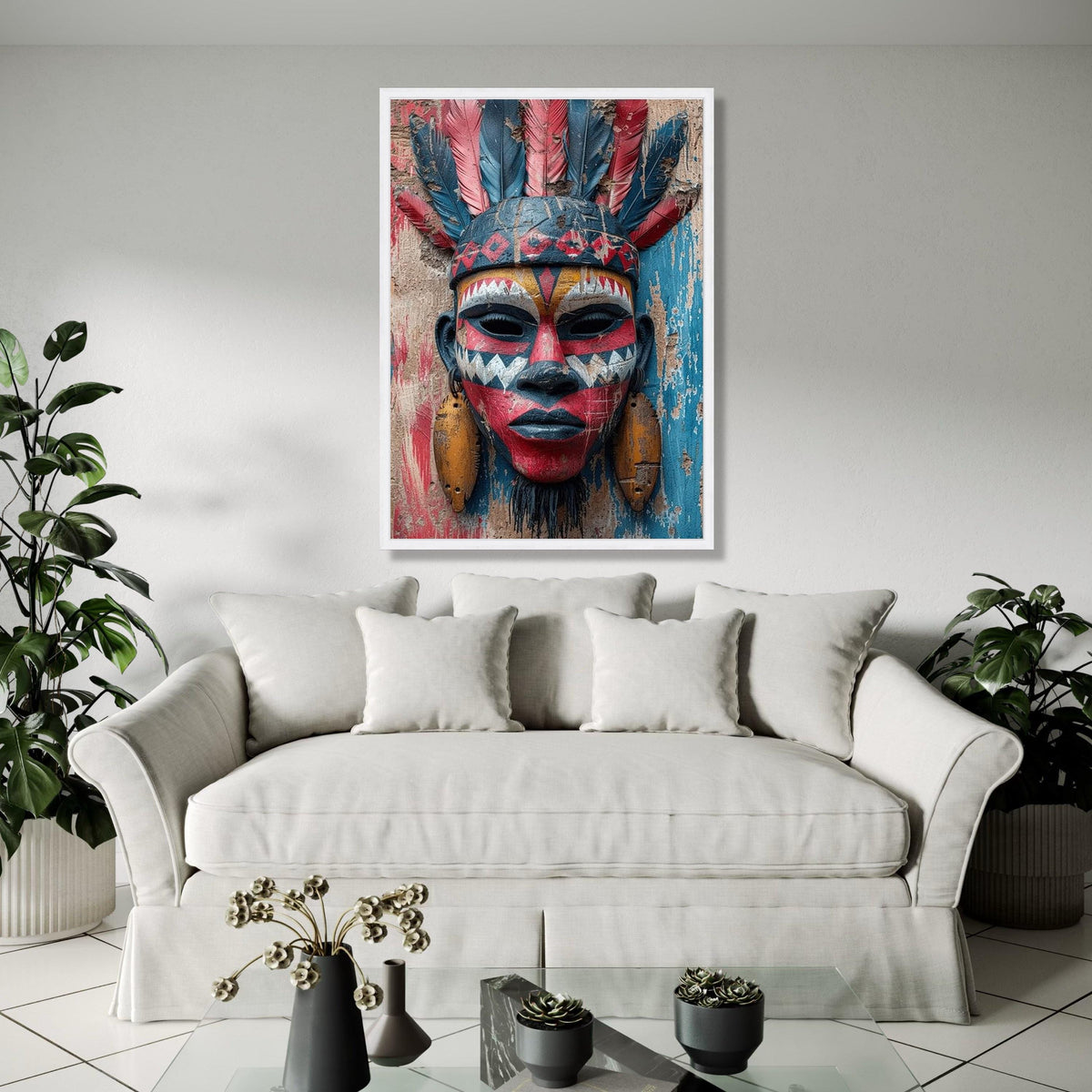 Tribal Face Mask Canvas Wall Art, African Ethnic Decor, Colorful Feather Headpiece, Cultural Canvas Art, Rustic Gift Art, Home Decor, Print