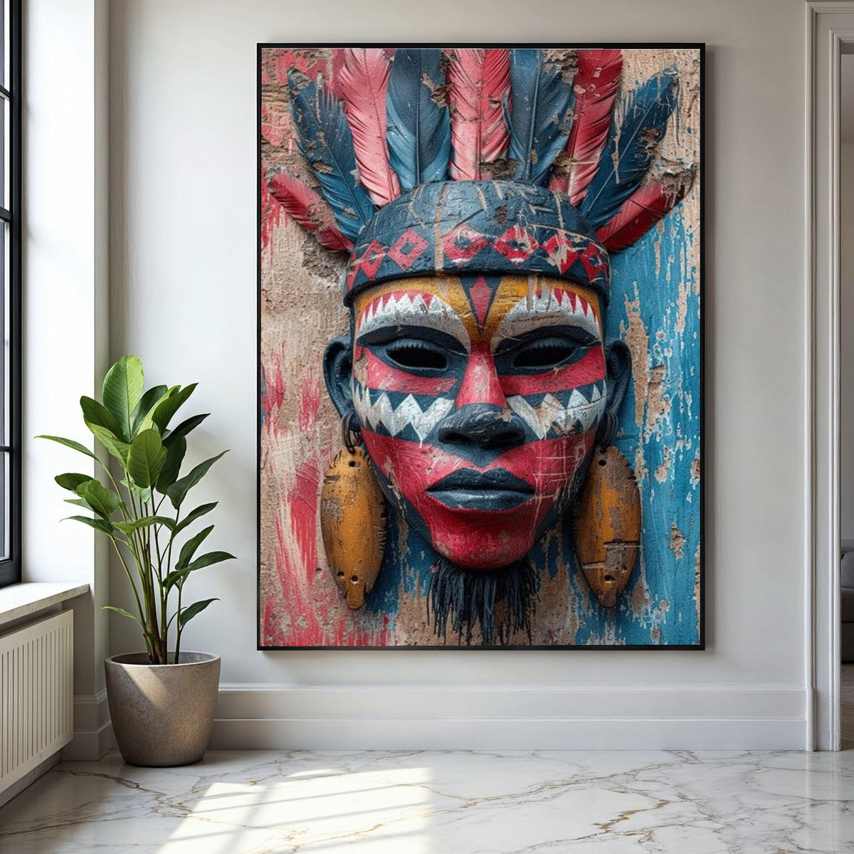 Tribal Face Mask Canvas Wall Art, African Ethnic Decor, Colorful Feather Headpiece, Cultural Canvas Art, Rustic Gift Art, Home Decor, Print