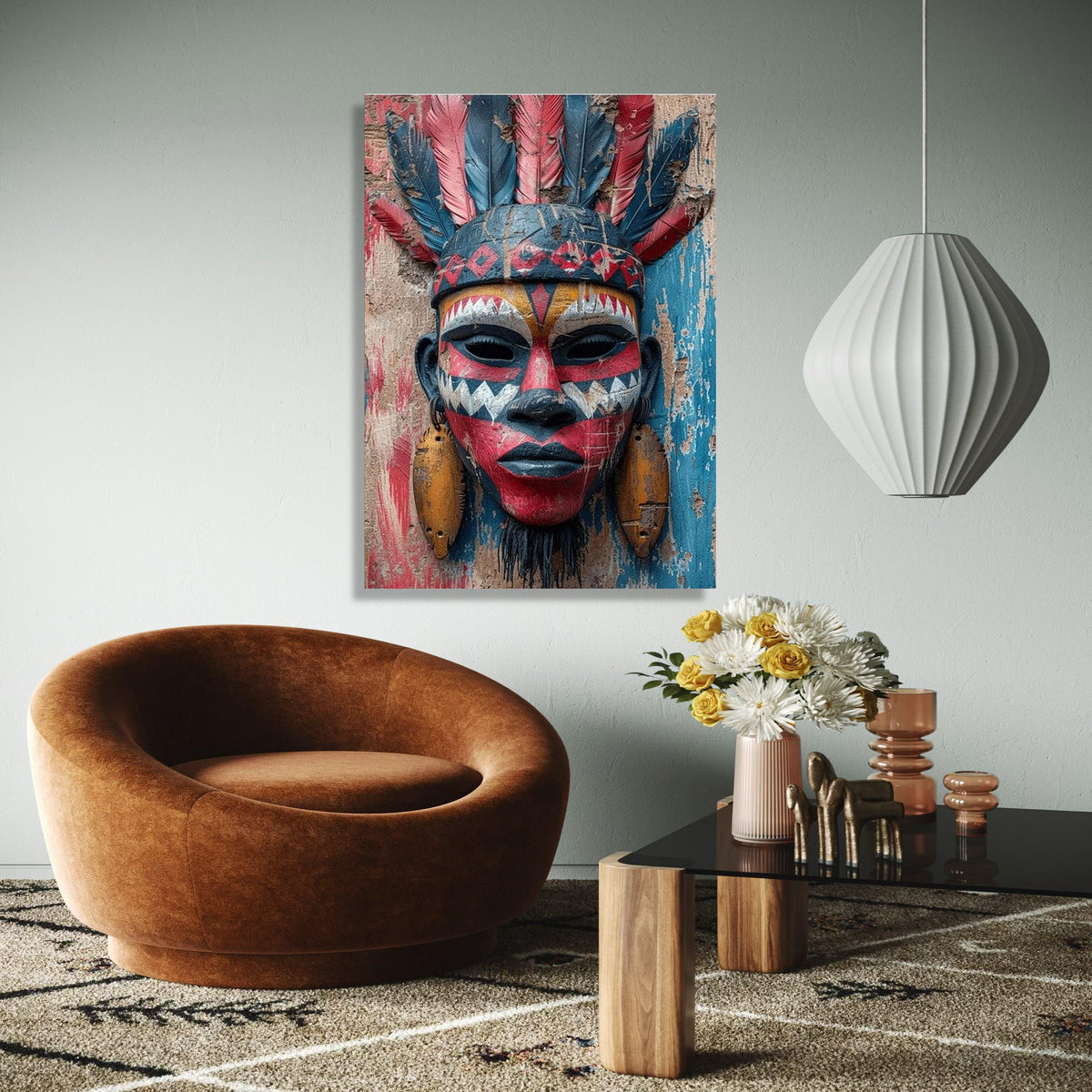 Tribal Face Mask Canvas Wall Art, African Ethnic Decor, Colorful Feather Headpiece, Cultural Canvas Art, Rustic Gift Art, Home Decor, Print