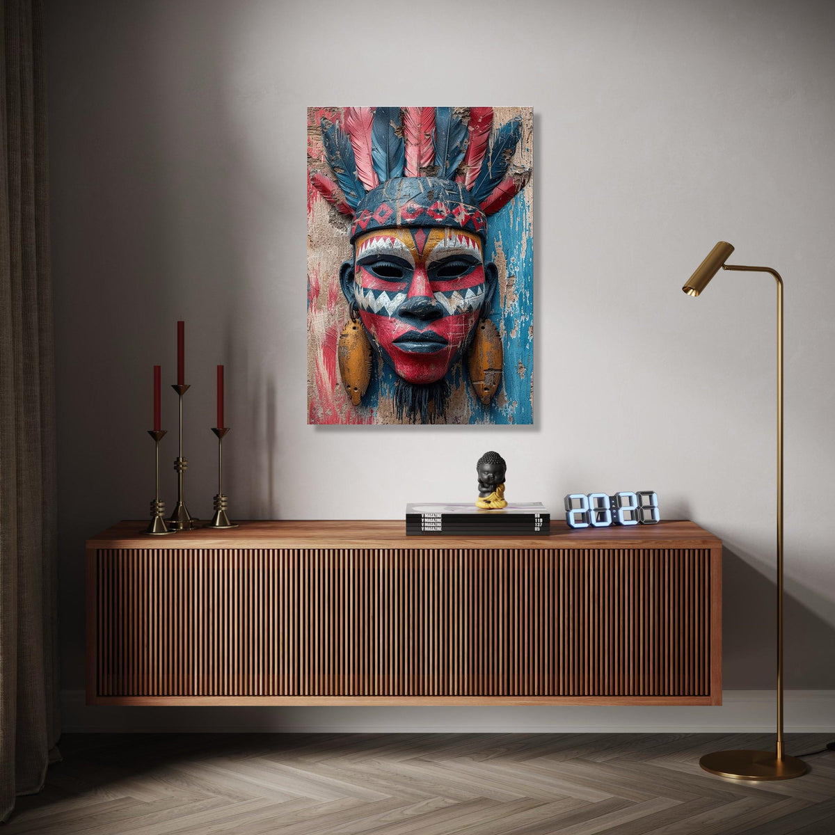 Tribal Face Mask Canvas Wall Art, African Ethnic Decor, Colorful Feather Headpiece, Cultural Canvas Art, Rustic Gift Art, Home Decor, Print